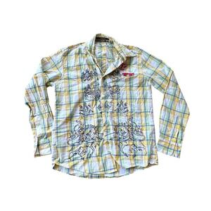 Y2K Decko Deluxe Mens XL Plaid Graphic Button Down Shirt Yellow Unicorn Crest